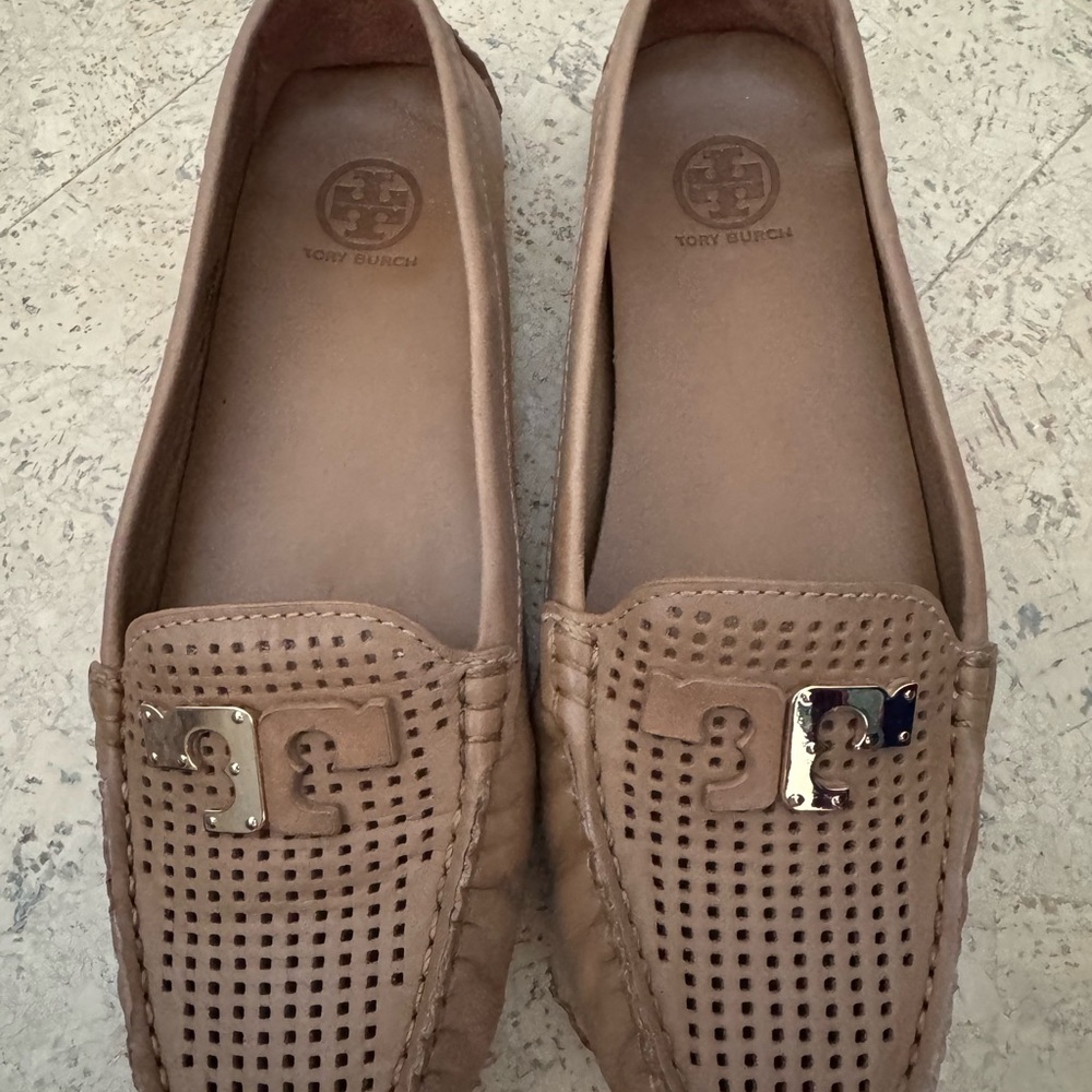 Tory Burch Tan Leather Flats with Perforated Design